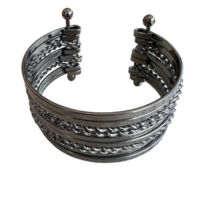 Silver tone stacked textured bracelet cuff